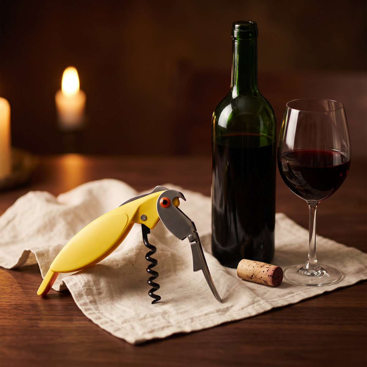 Tire-bouchon Perroquet jaune sur table en noyer avec bouteille et verre de vin