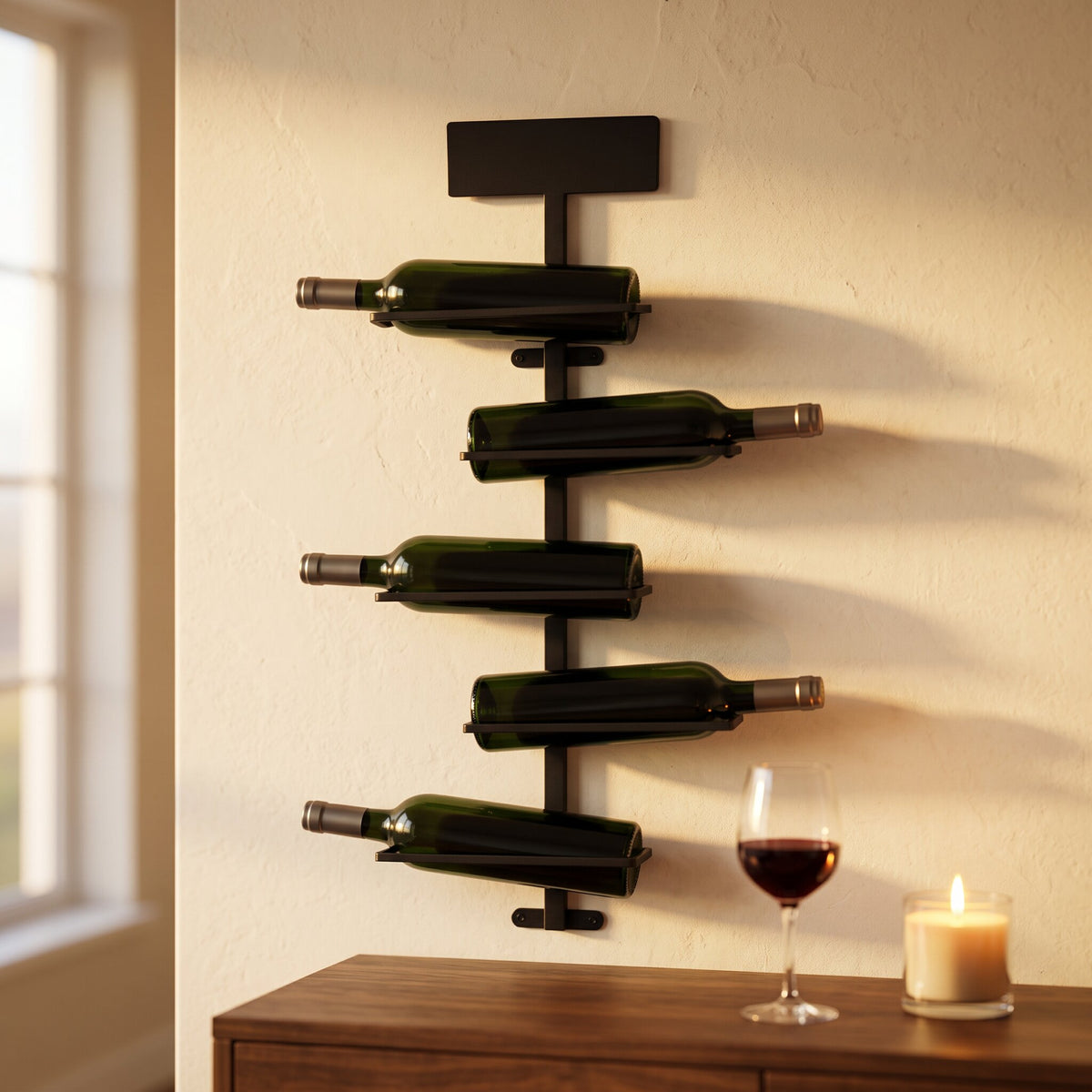 Porte-bouteille mural noir sur mur enduit crème avec console en noyer et verre de vin