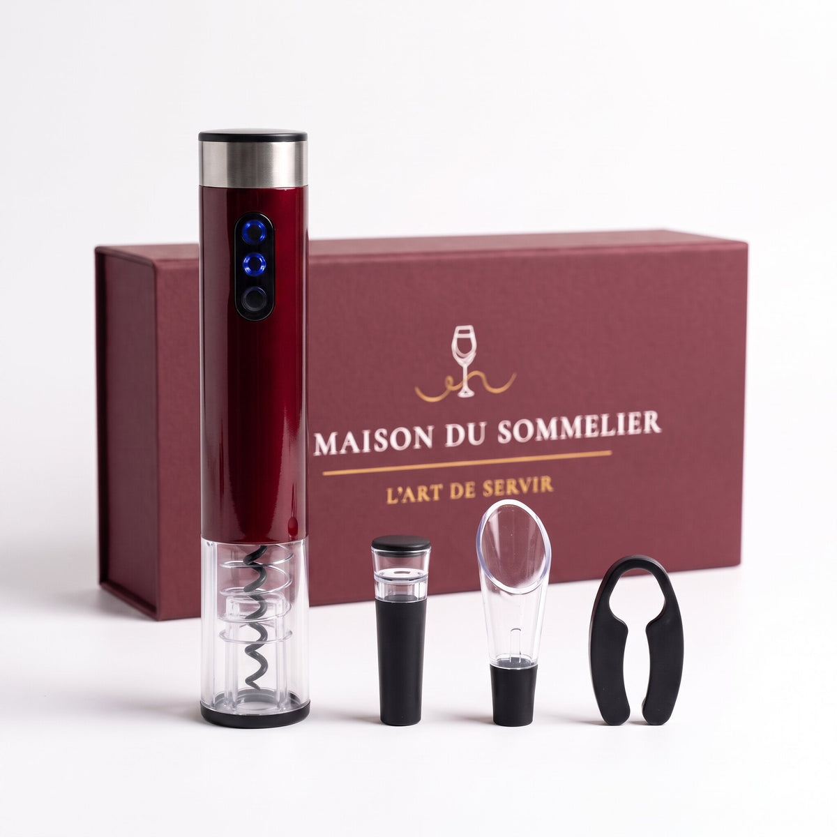 Coffret tire-bouchon électrique rouge avec verseur, bouchon et coupe-capsule devant la boîte cadeau bordeaux, fond blanc — La Maison du Sommelier