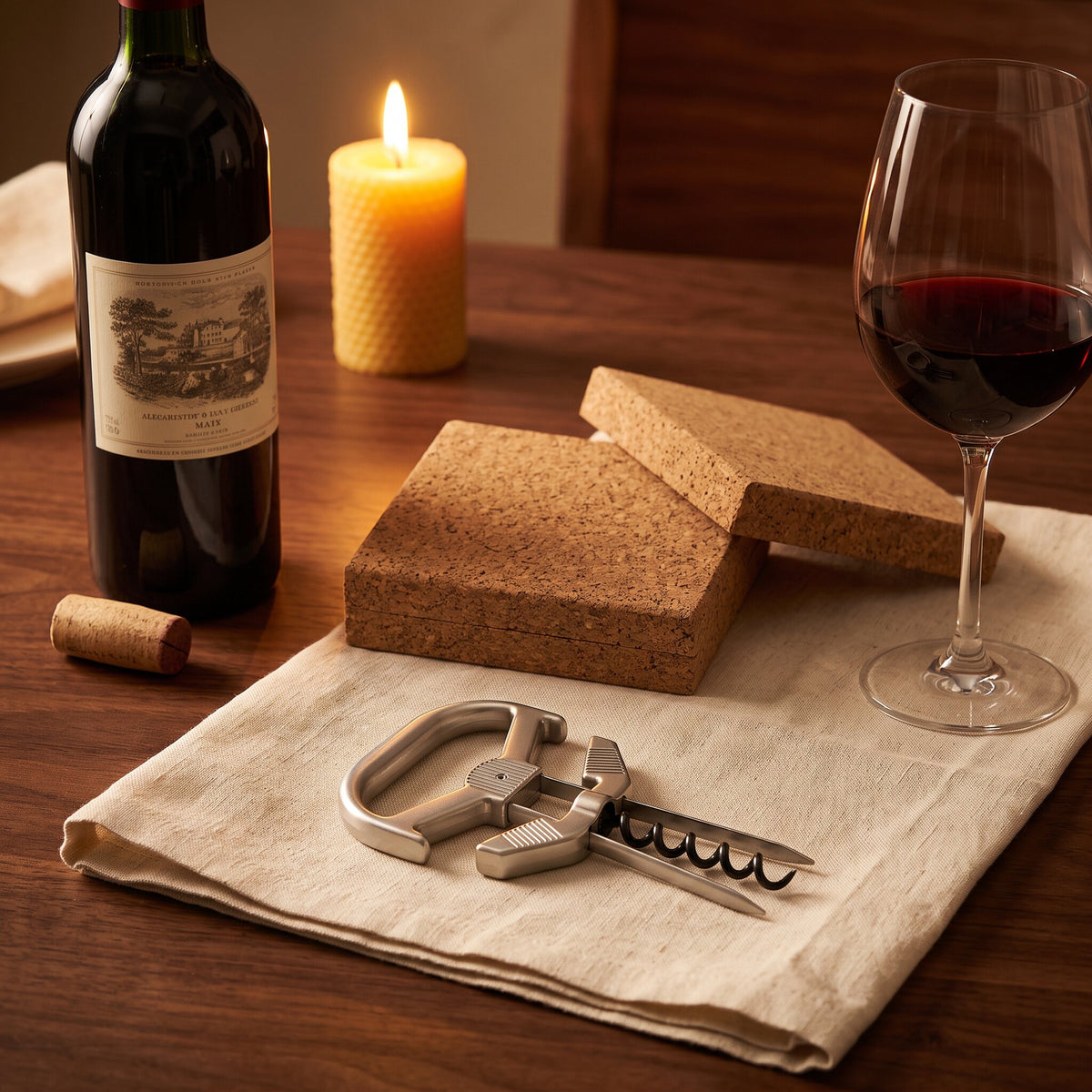 Coffret Tire-Bouchon Bilame & Mèche Prestige sur table de dîner