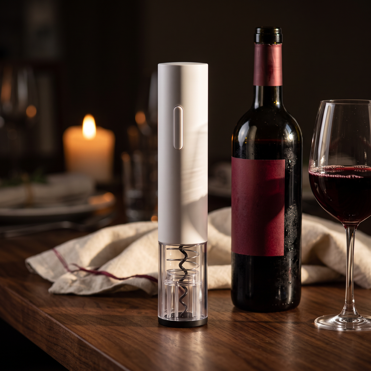 Tire-bouchon électrique Milano sur une table de dîner en noyer avec bouteille et verre de vin rouge