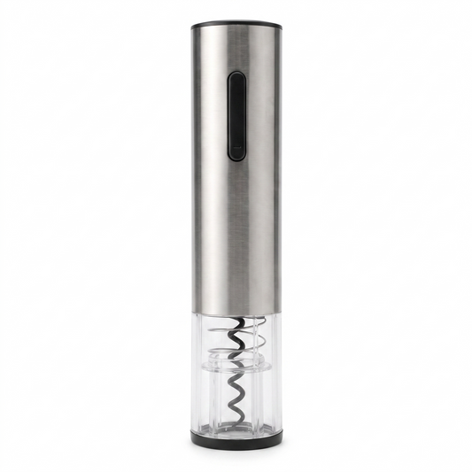 Tire-bouchon électrique rechargeable en inox brossé sur fond blanc
