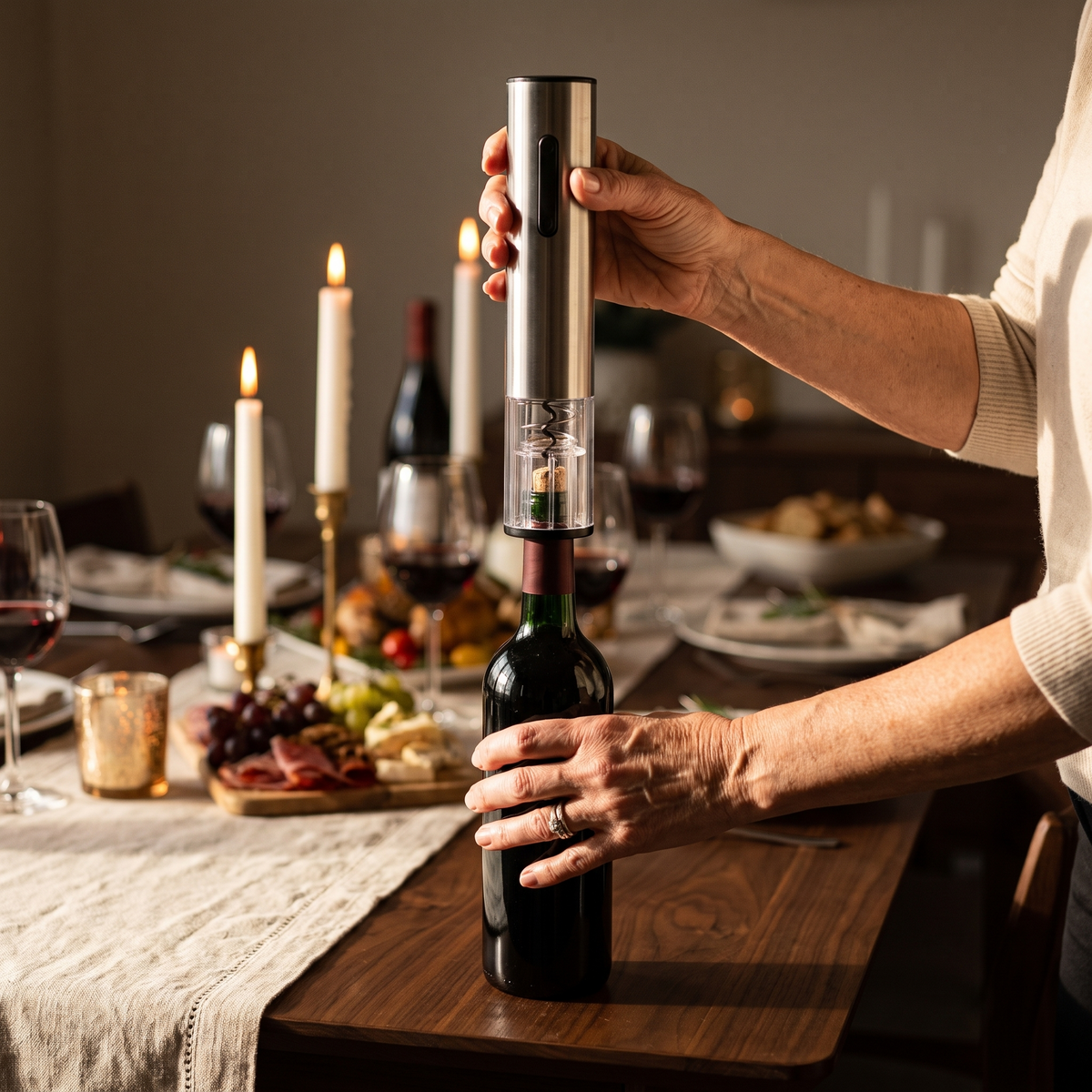 Tire-bouchon électrique rechargeable lors d'un dîner, bouteille ouverte sur la table