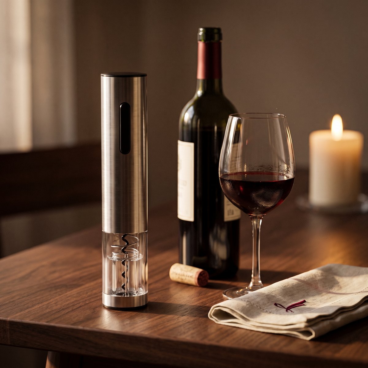 Tire-bouchon électrique rechargeable sur table en noyer avec bouteille et verre de vin