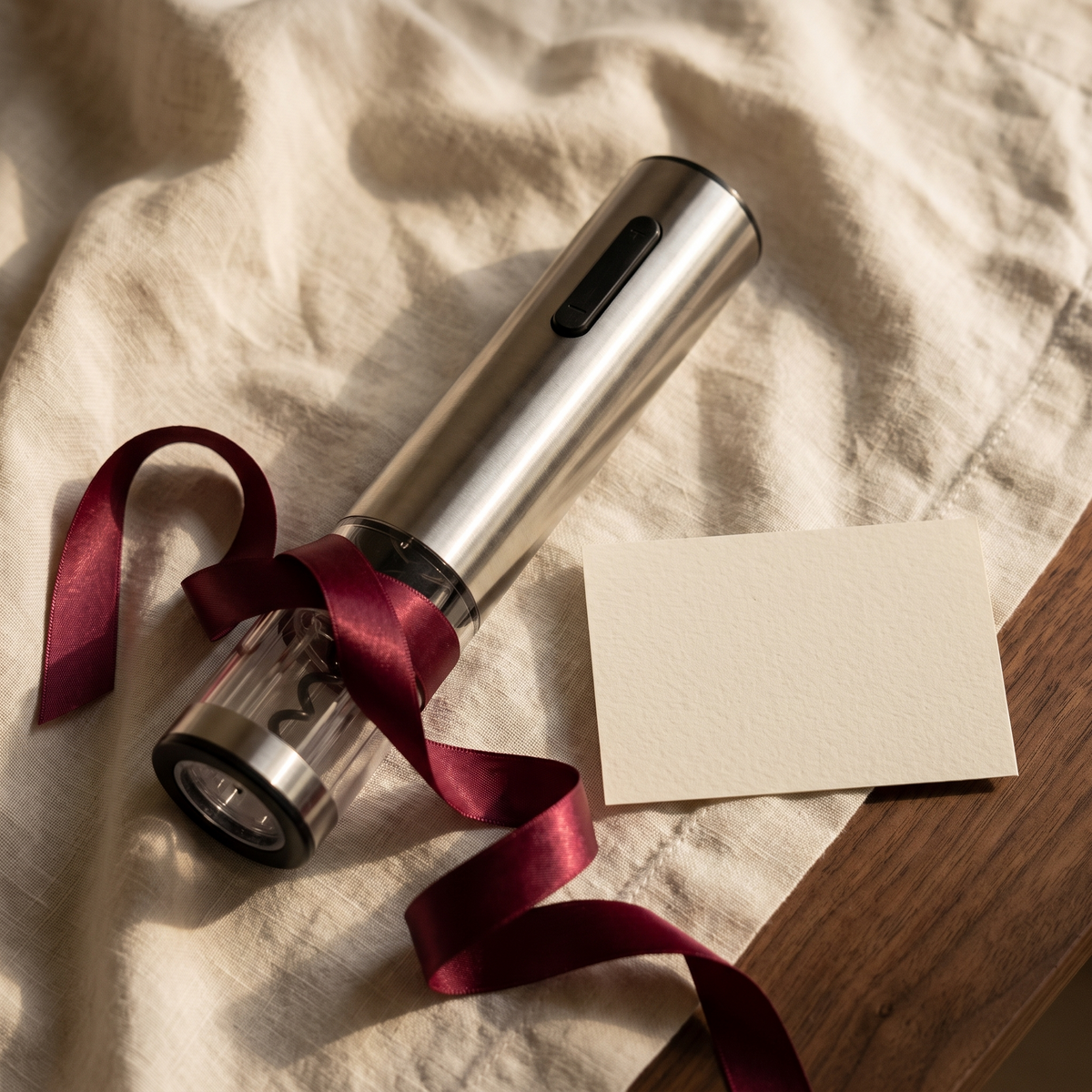 Tire-bouchon électrique rechargeable présenté en cadeau sur lin avec ruban bordeaux