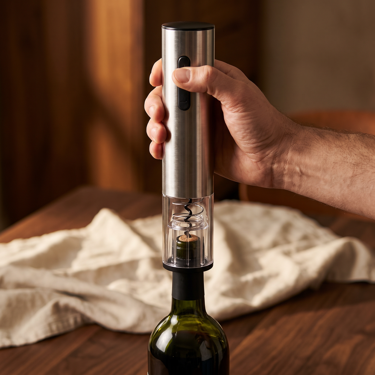 Ouverture d'une bouteille de vin avec le tire-bouchon électrique rechargeable