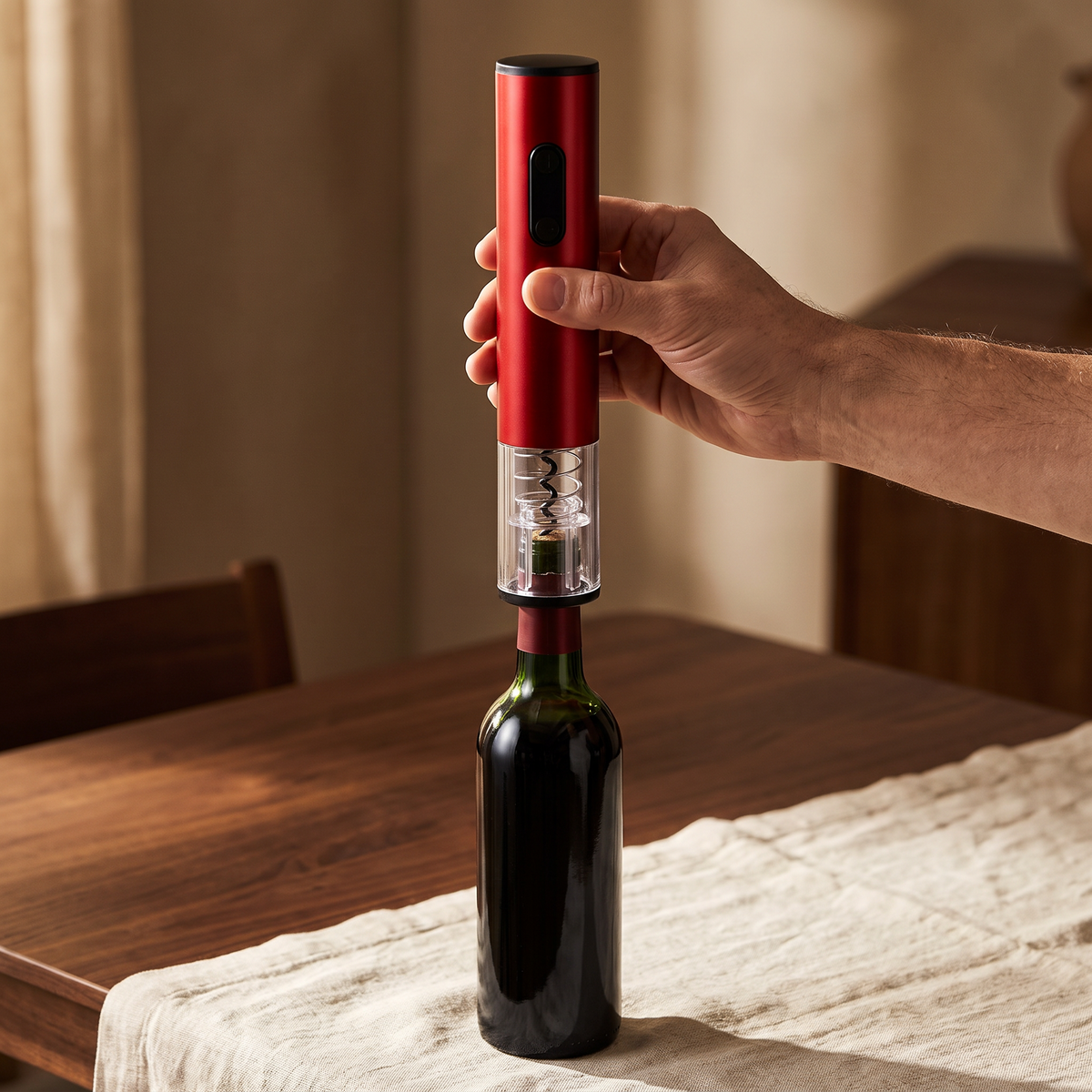 Ouverture d'une bouteille de vin avec le tire-bouchon électrique rouge
