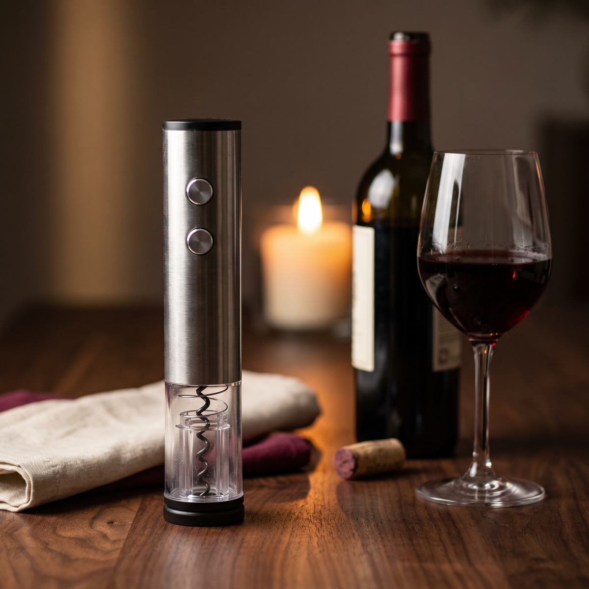 Tire-bouchon électrique Circle Joy sur table en noyer avec bouteille et verre de vin