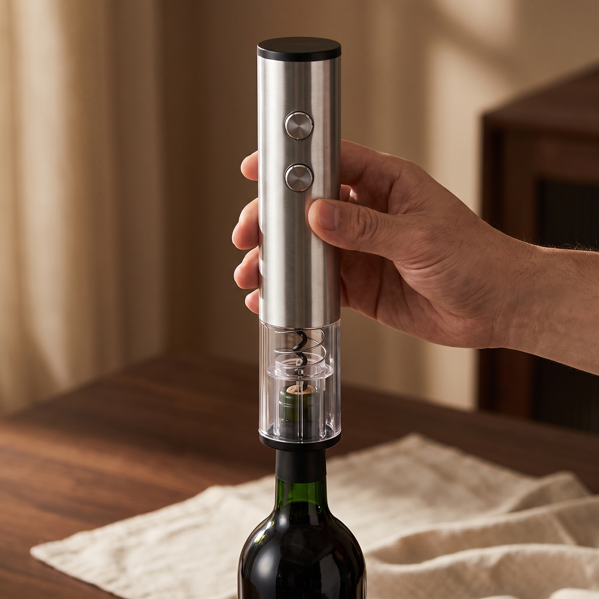 Ouverture d'une bouteille de vin avec le tire-bouchon électrique Circle Joy