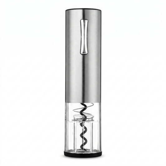 Tire-bouchon électrique rechargeable USB en inox sur fond blanc