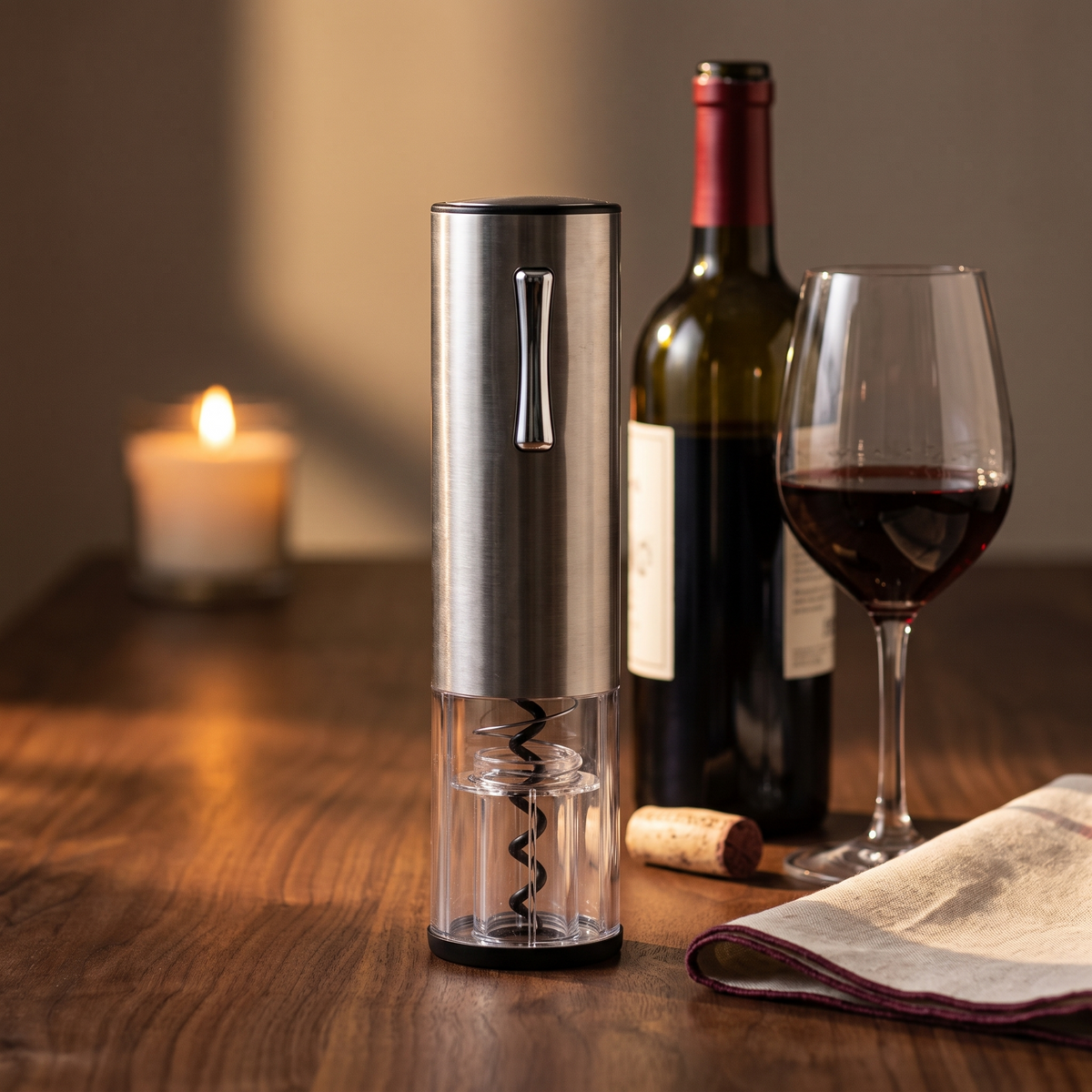 Tire-bouchon électrique USB sur table en noyer avec bouteille et verre de vin