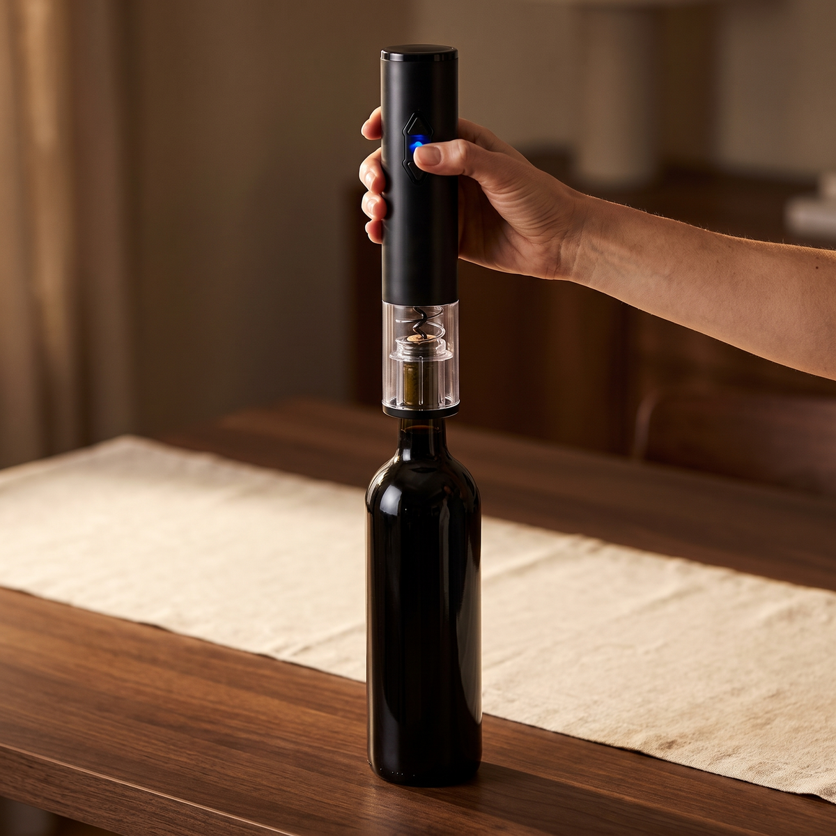 Tire-bouchon électrique USB posé sur le goulot d'une bouteille de vin