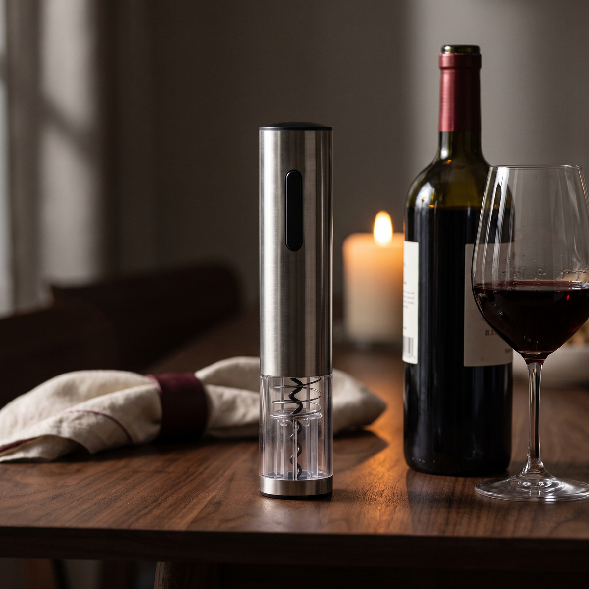 Tire-bouchon électrique du Sommelier sur table en noyer avec bouteille et verre de vin