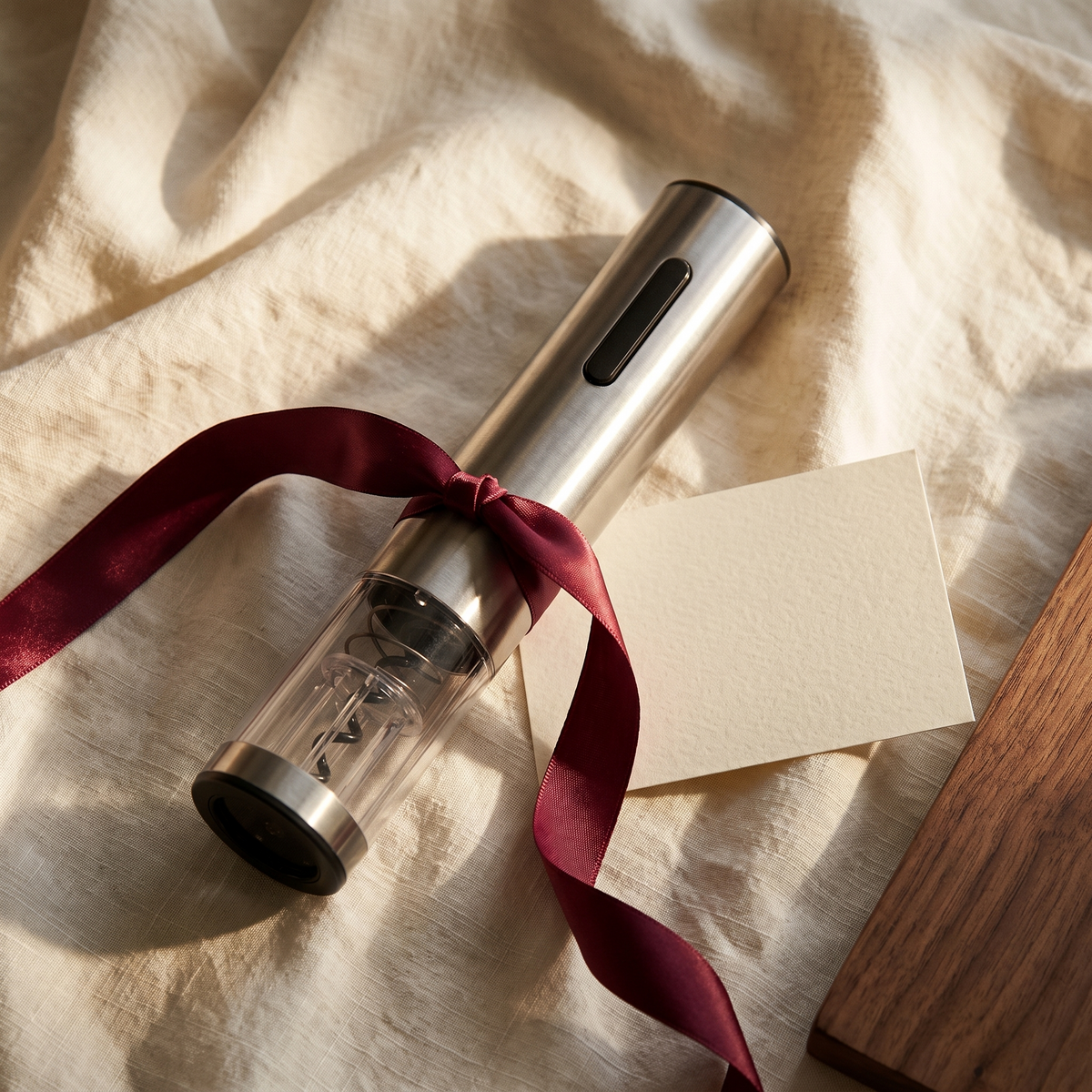 Tire-bouchon électrique du Sommelier présenté en cadeau sur lin avec ruban bordeaux