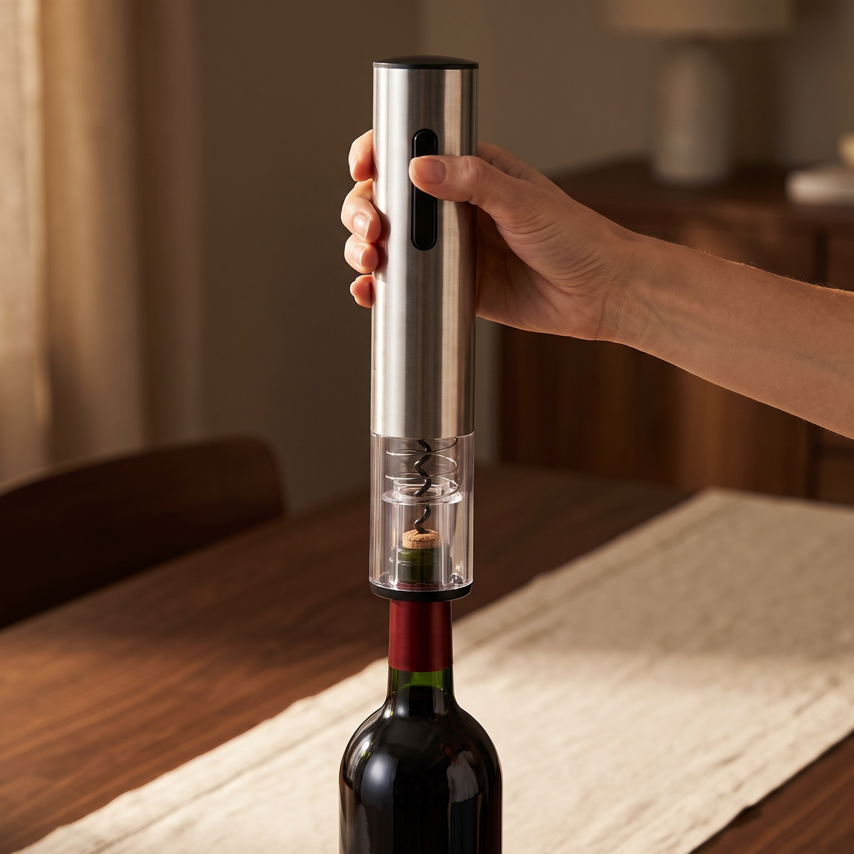 Tire-bouchon électrique du Sommelier posé sur le goulot d'une bouteille de vin