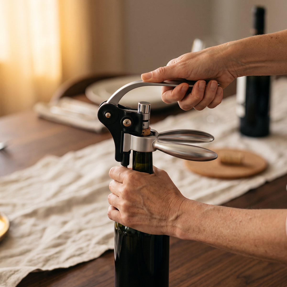 Ouverture d'une bouteille de vin avec le tire-bouchon à levier Lapin