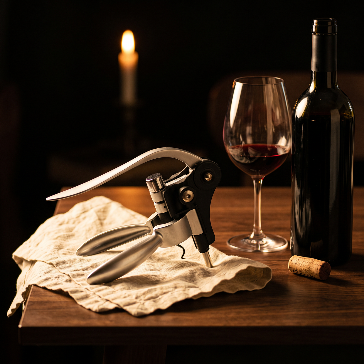 Tire-bouchon à levier Lapin sur table en noyer avec bouteille et verre de vin
