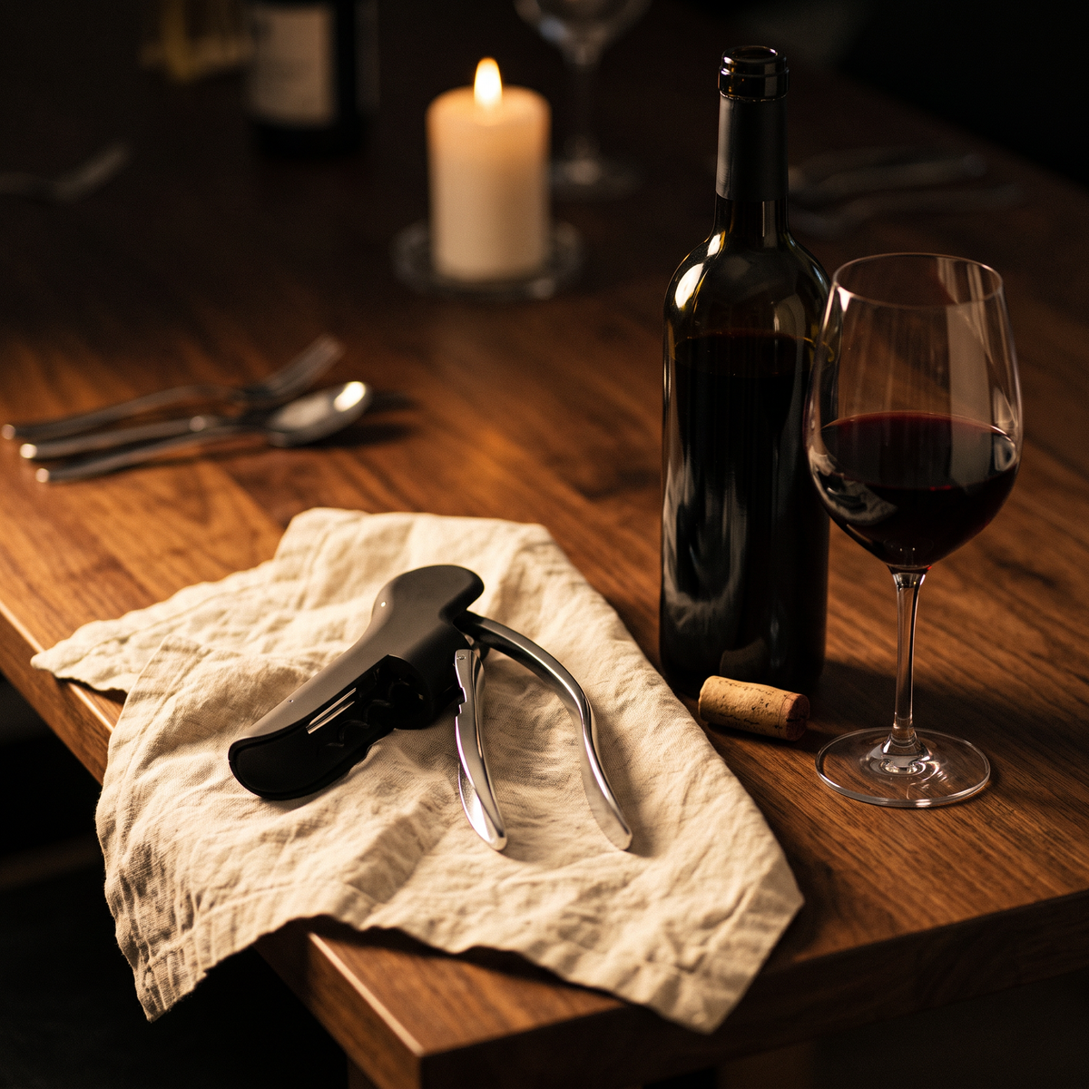 Tire-bouchon à levier noir sur table en noyer avec bouteille et verre de vin