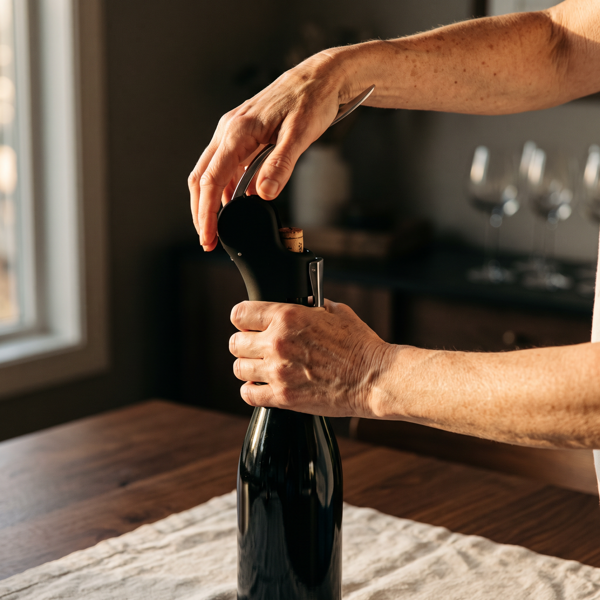Ouverture d'une bouteille de vin avec le tire-bouchon à levier automatique noir
