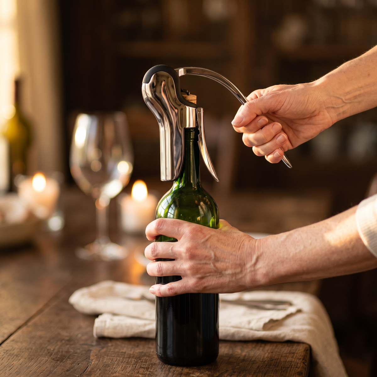 Ouverture d'une bouteille de vin avec le tire-bouchon à levier chromé