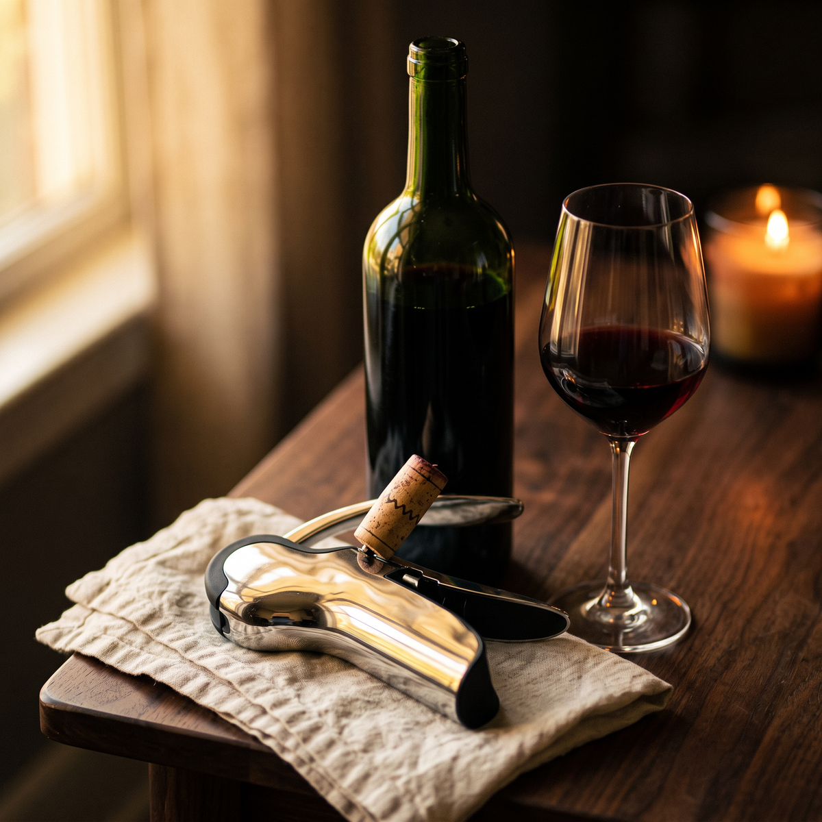 Tire-bouchon à levier chromé sur table en noyer avec bouteille et verre de vin