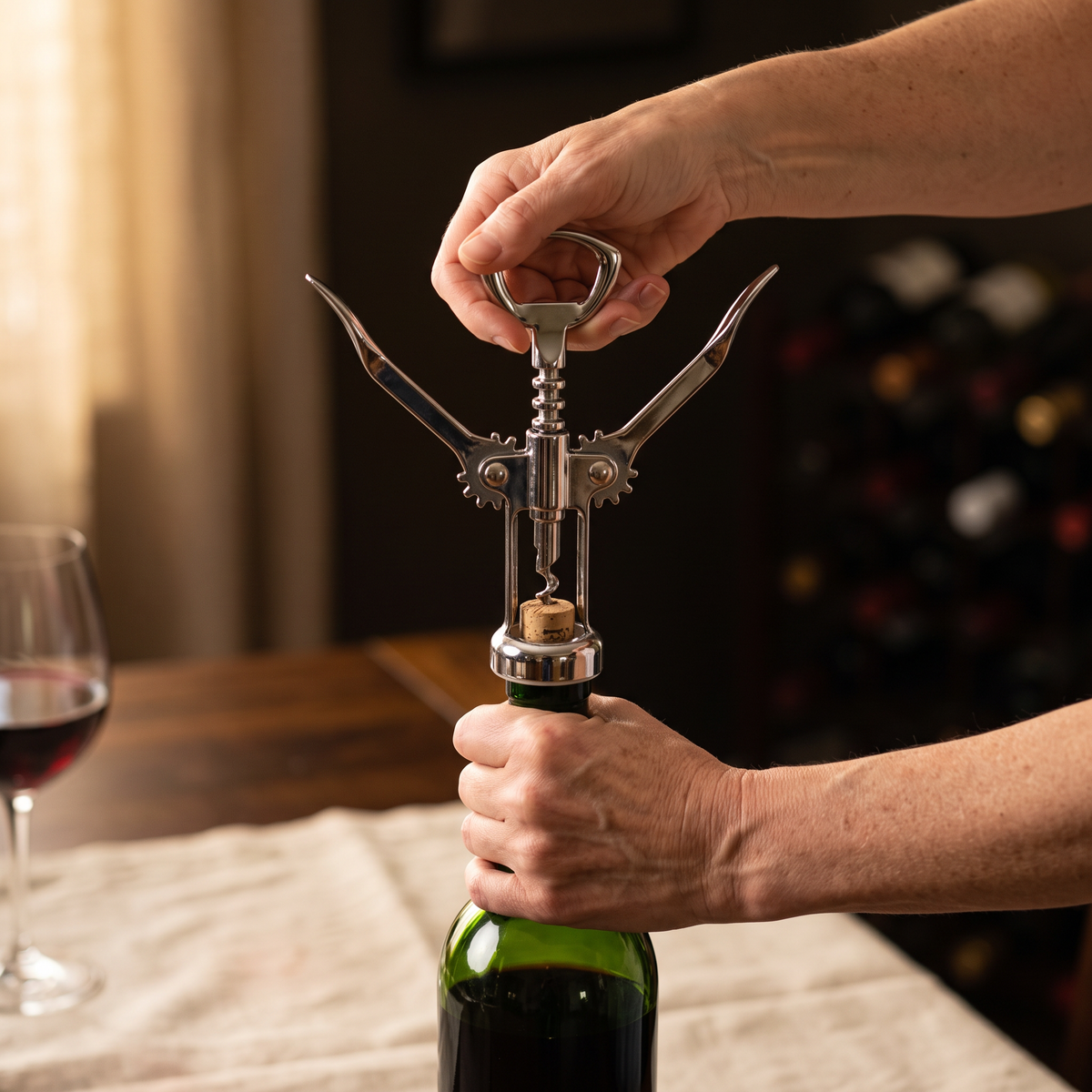 Ouverture d'une bouteille de vin avec le tire-bouchon Charles de Gaulle chrome, ailes levées