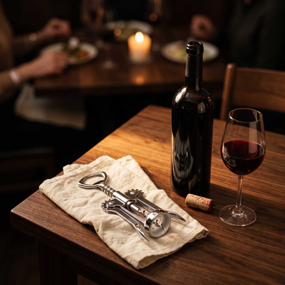 Tire-bouchon Charles de Gaulle chrome sur table en noyer avec bouteille et verre de vin