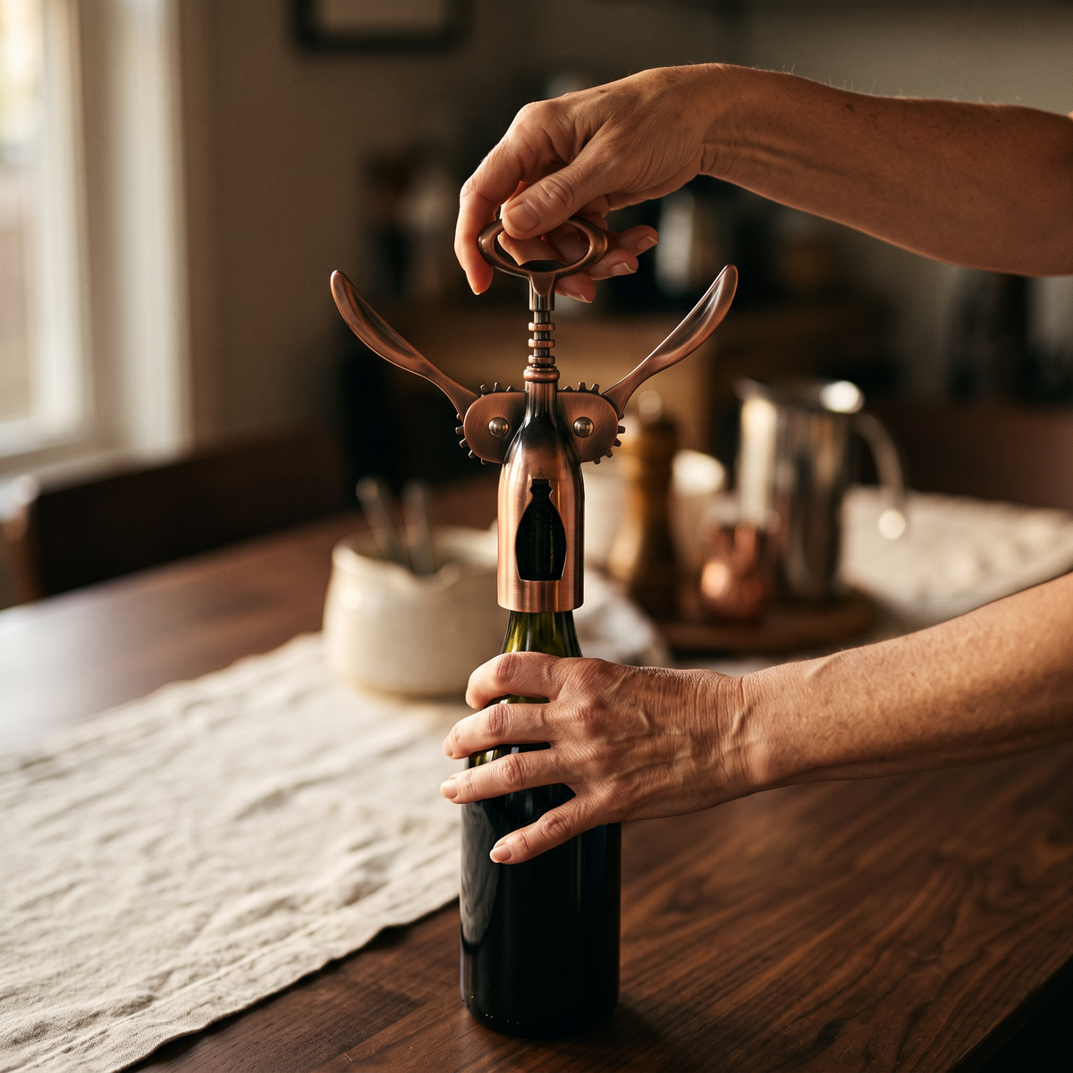 Ouverture d'une bouteille de vin avec le tire-bouchon De Gaulle cuivre