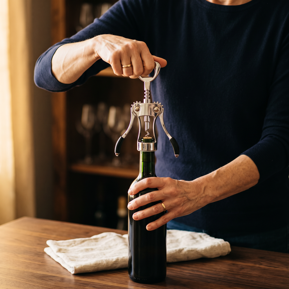 Ouverture d'une bouteille de vin avec le tire-bouchon De Gaulle aux ailes noires