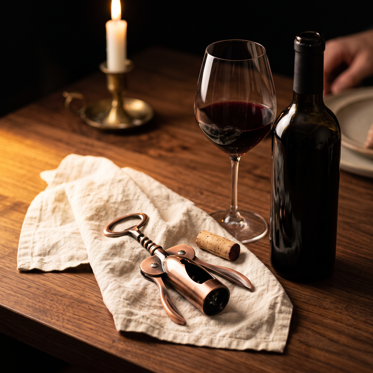 Tire-bouchon De Gaulle cuivre sur table en noyer avec bouteille et verre de vin