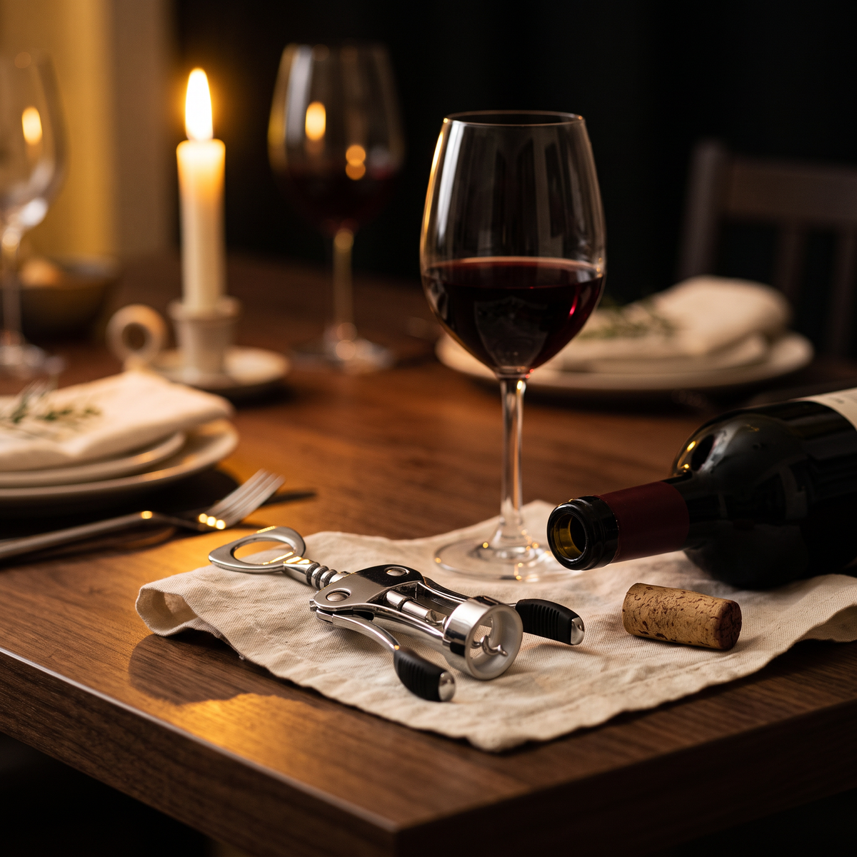 Tire-bouchon De Gaulle métal noir sur table en noyer avec bouteille et verre de vin