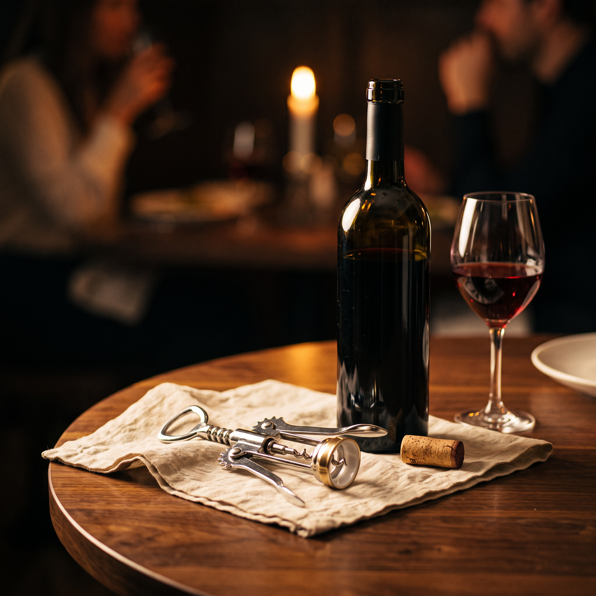 Tire-bouchon De Gaulle mécanique sur table en noyer avec bouteille et verre de vin