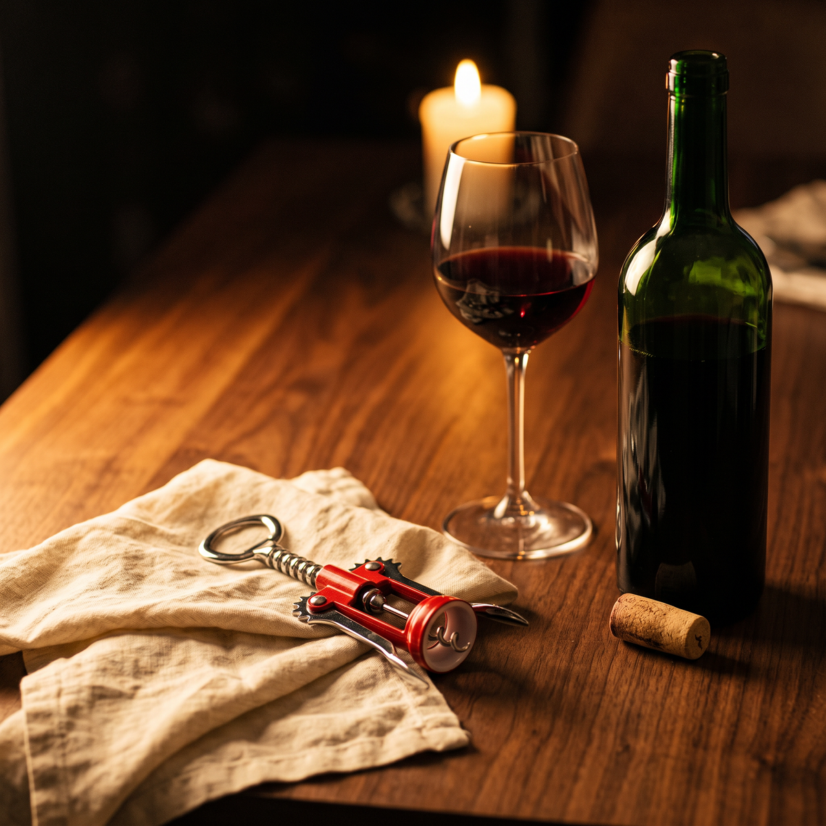 Tire-bouchon De Gaulle rouge sur table en noyer avec bouteille et verre de vin
