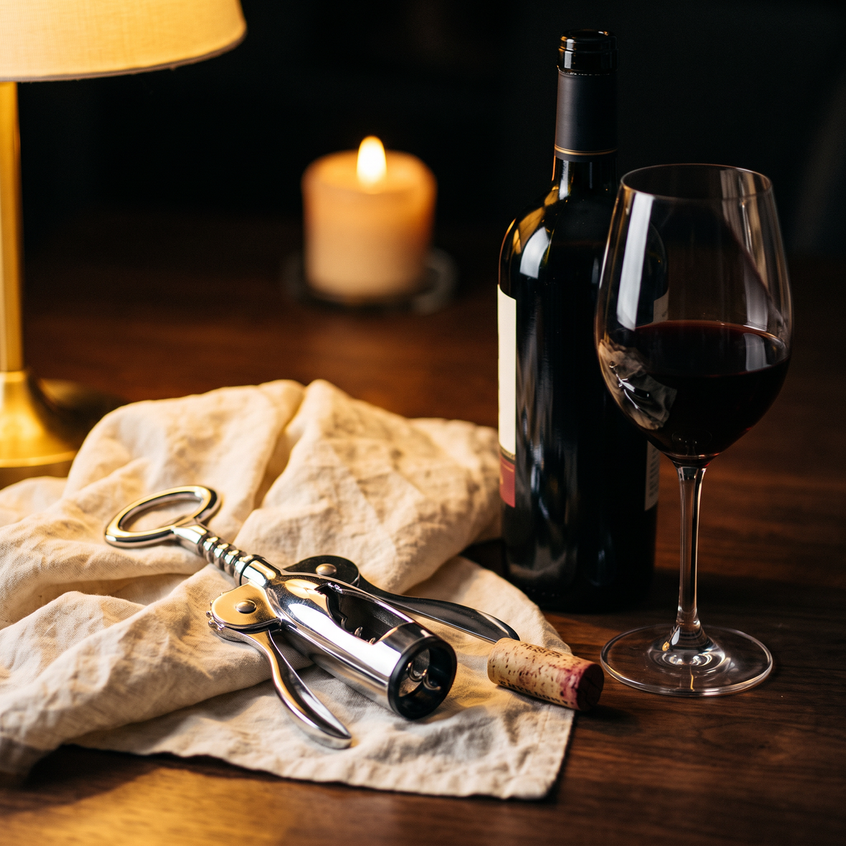 Tire-bouchon De Gaulle grand bras sur table en noyer avec bouteille et verre de vin