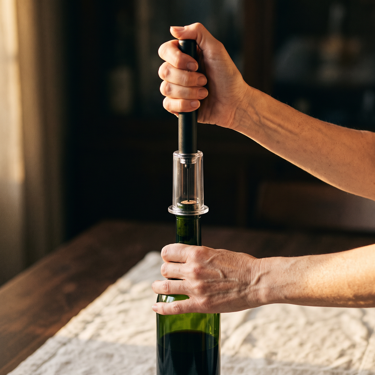 Ouverture d'une bouteille de vin avec le tire-bouchon à air à pompe