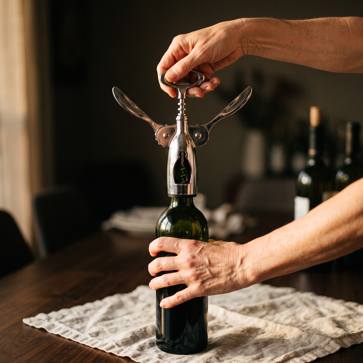 Ouverture d'une bouteille de vin avec le tire-bouchon De Gaulle grand bras