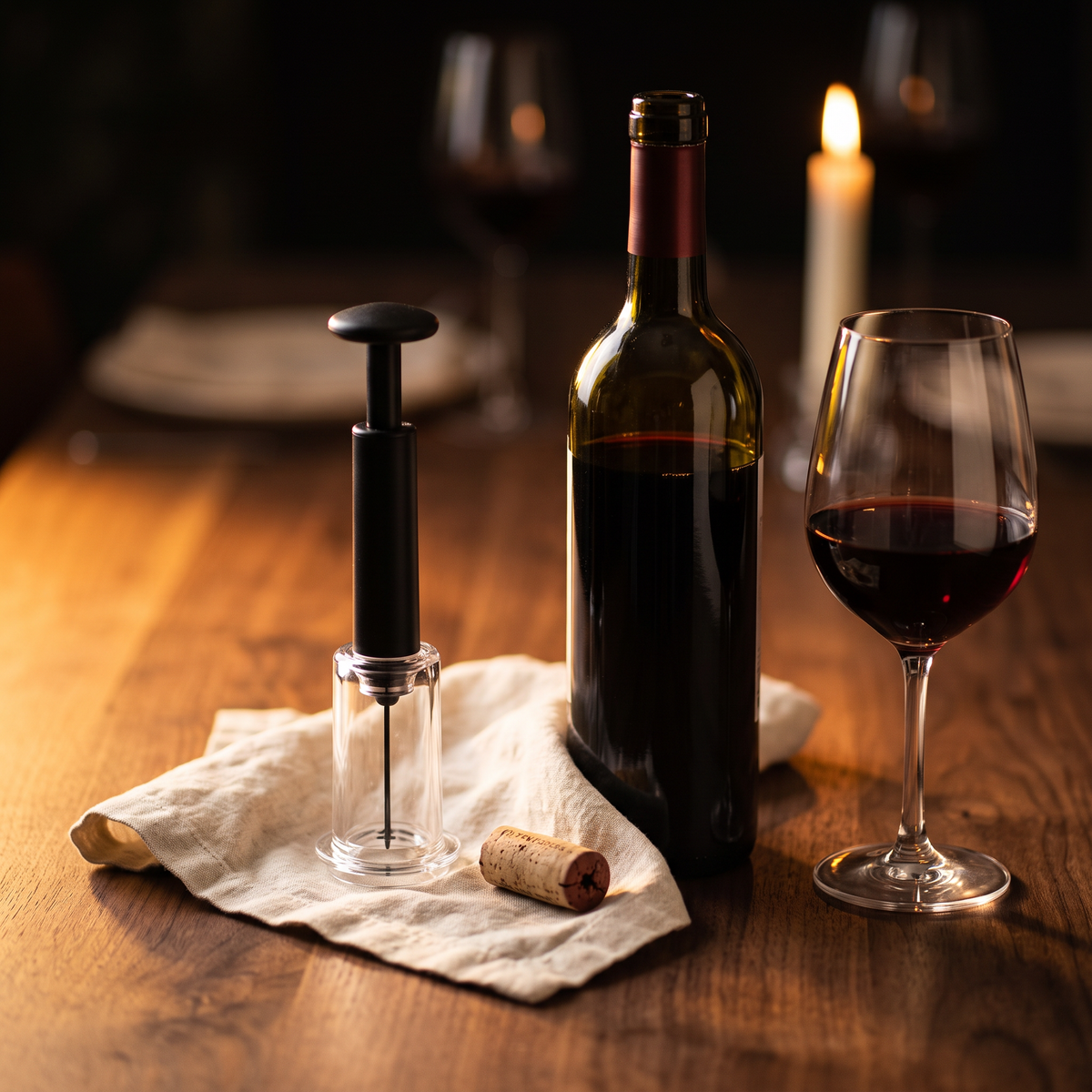 Tire-bouchon à air professionnel sur table en noyer avec bouteille et verre de vin