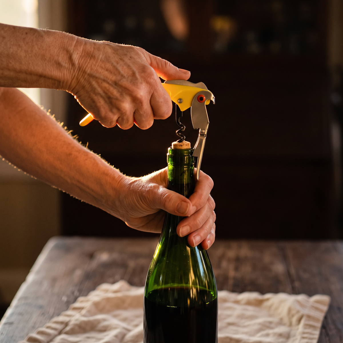Ouverture d'une bouteille de vin avec le tire-bouchon Perroquet jaune
