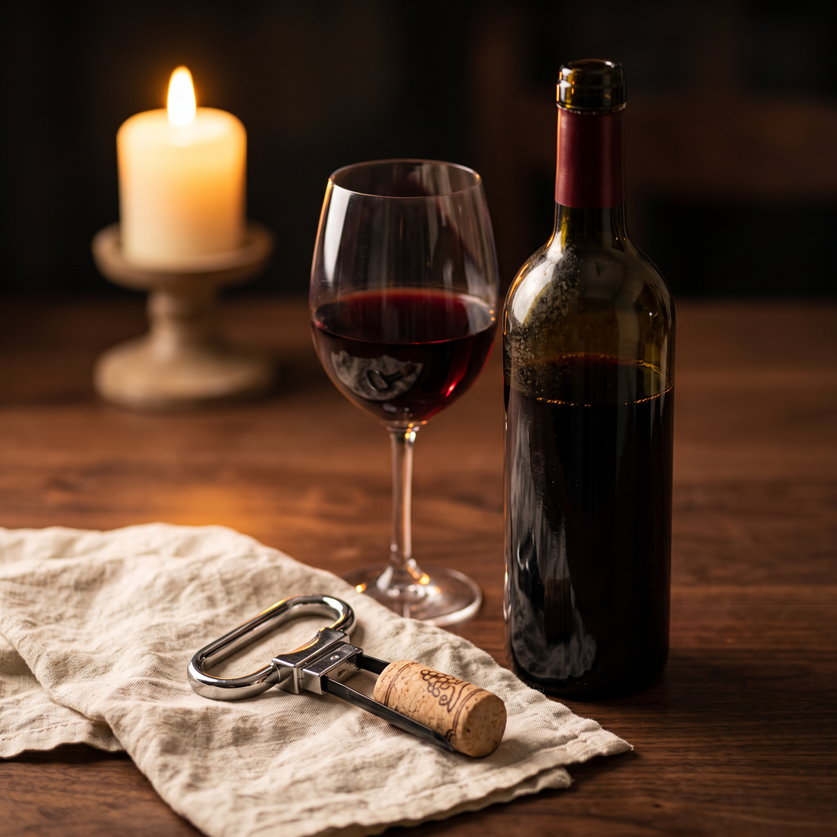 Tire-bouchon bilame avec bouchon sur table en noyer, bouteille et verre de vin