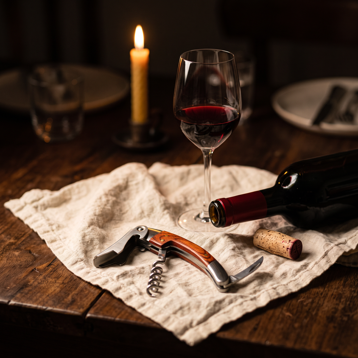 Tire-bouchon Wienke en bois de rose sur table en noyer avec bouteille et verre de vin