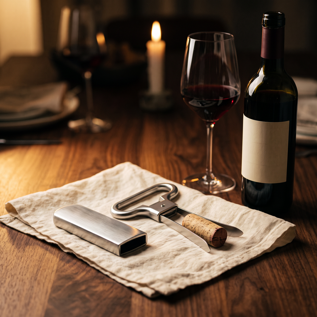 Tire-bouchon bilame et son étui sur table en noyer avec bouteille et verre de vin