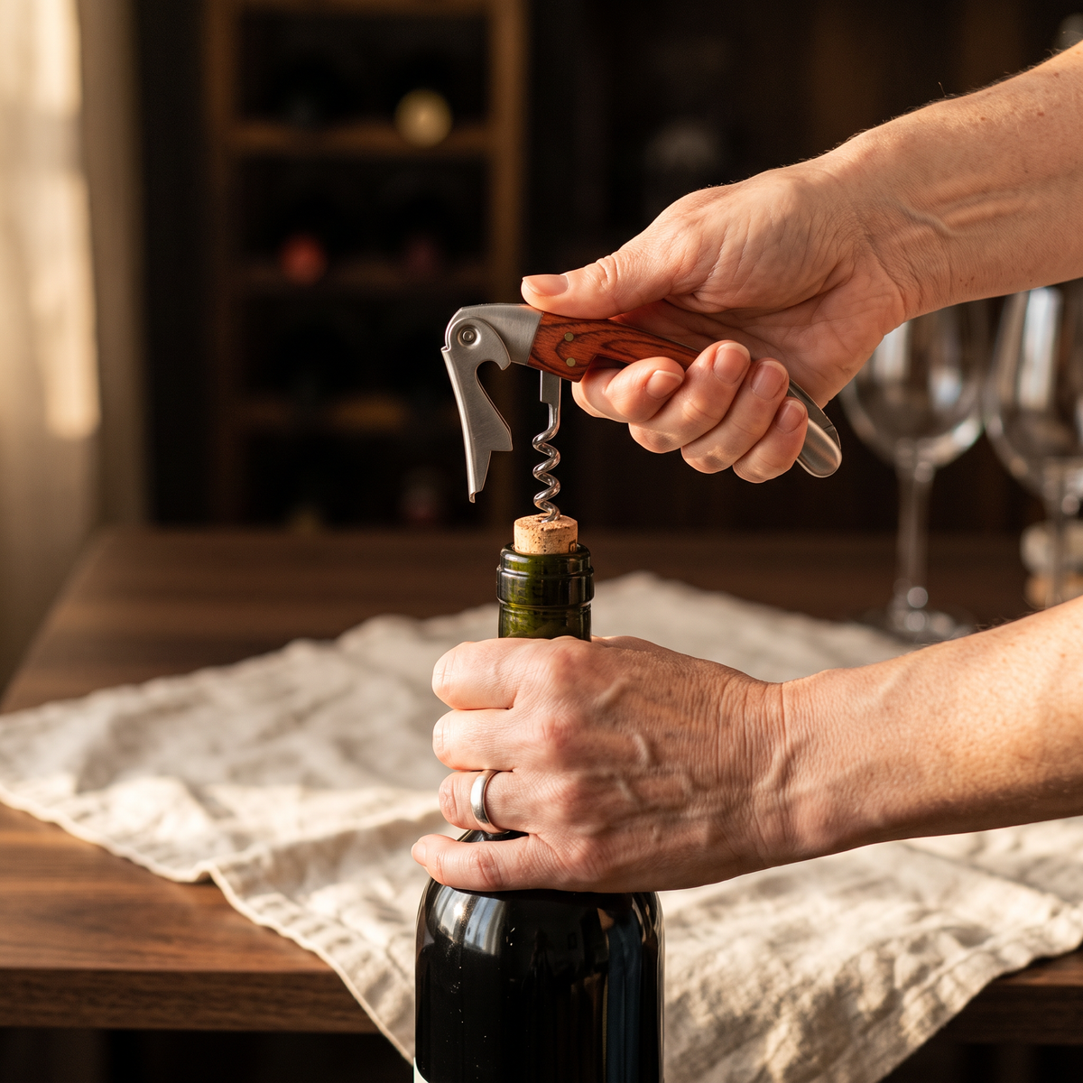 Ouverture d'une bouteille de vin avec le tire-bouchon sommelier Wienke