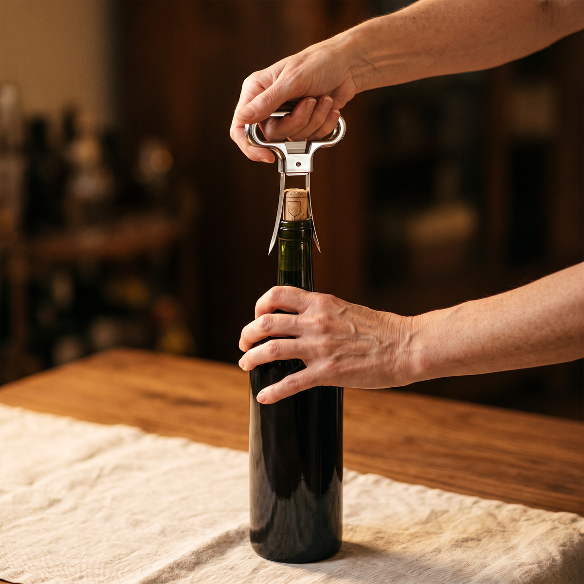 Extraction d'un bouchon de liège avec le tire-bouchon bilame chrome