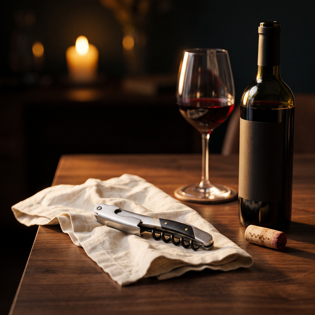 Limonadier Chapter sur table en noyer avec bouteille et verre de vin