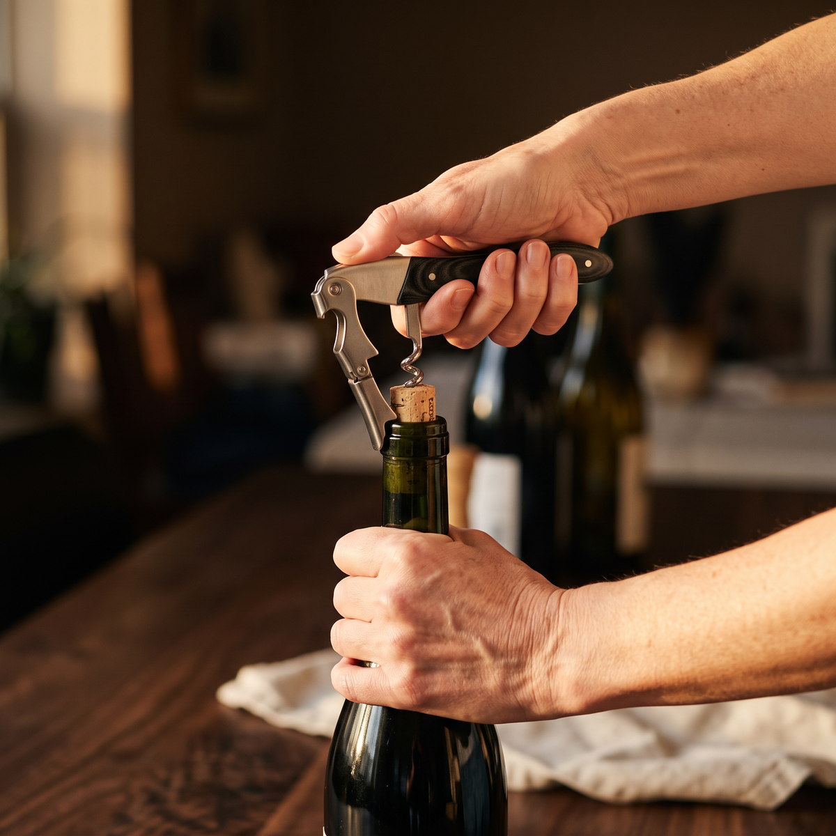 Ouverture d'une bouteille de vin avec le limonadier Micarta Onyx