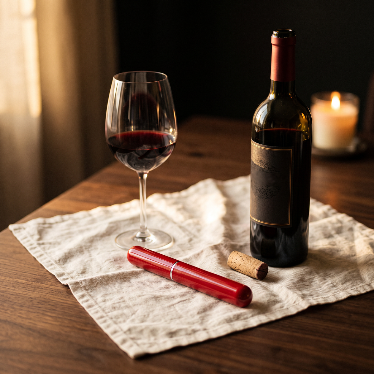 Tire-bouchon à air stylo rouge sur table en noyer avec bouteille et verre de vin