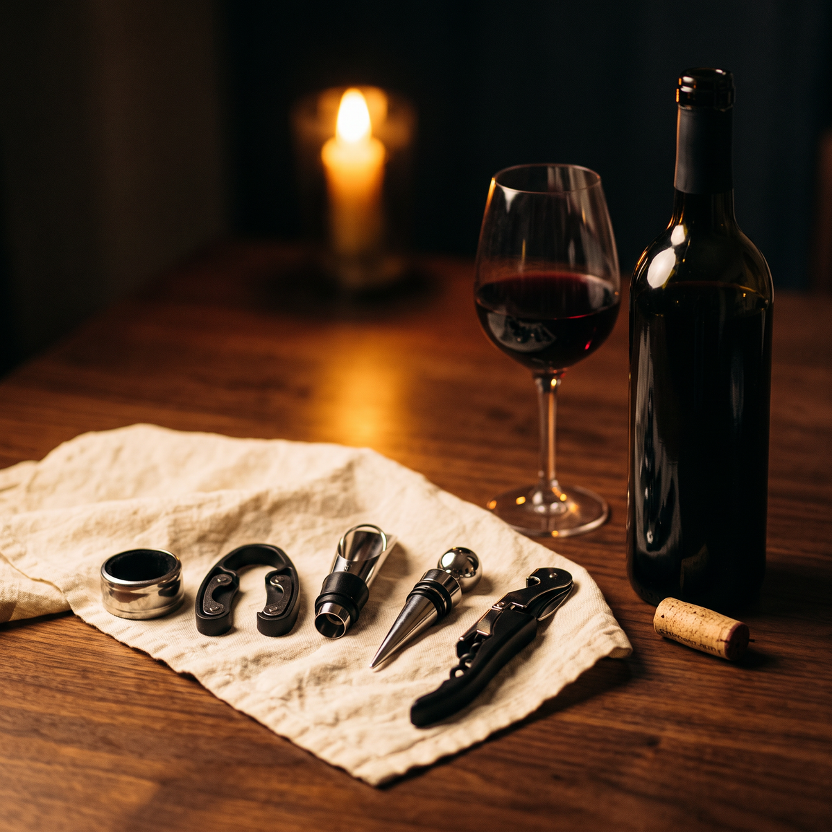 Kit limonadier et accessoires de vin sur table en noyer avec bouteille et verre