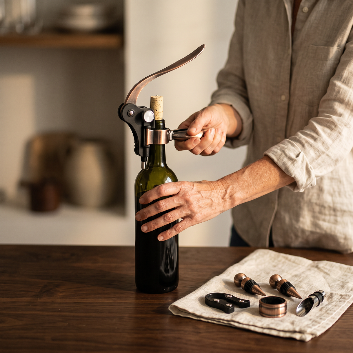 Ouverture d'une bouteille de vin avec le tire-bouchon à levier bronze du coffret, accessoires sur la table