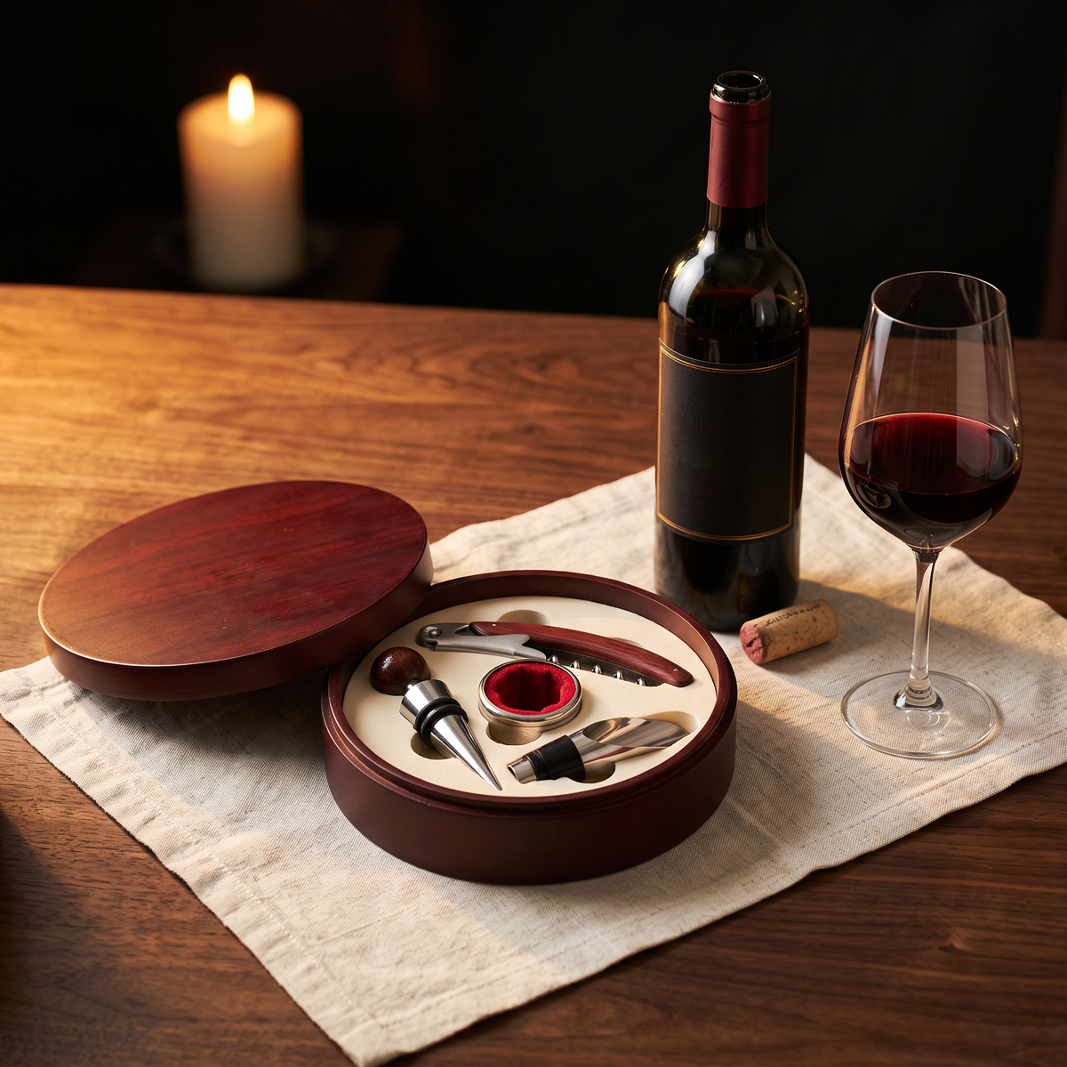Coffret rond en bois tire-bouchon sommelier rouge ouvert sur table en noyer avec bouteille et verre de vin