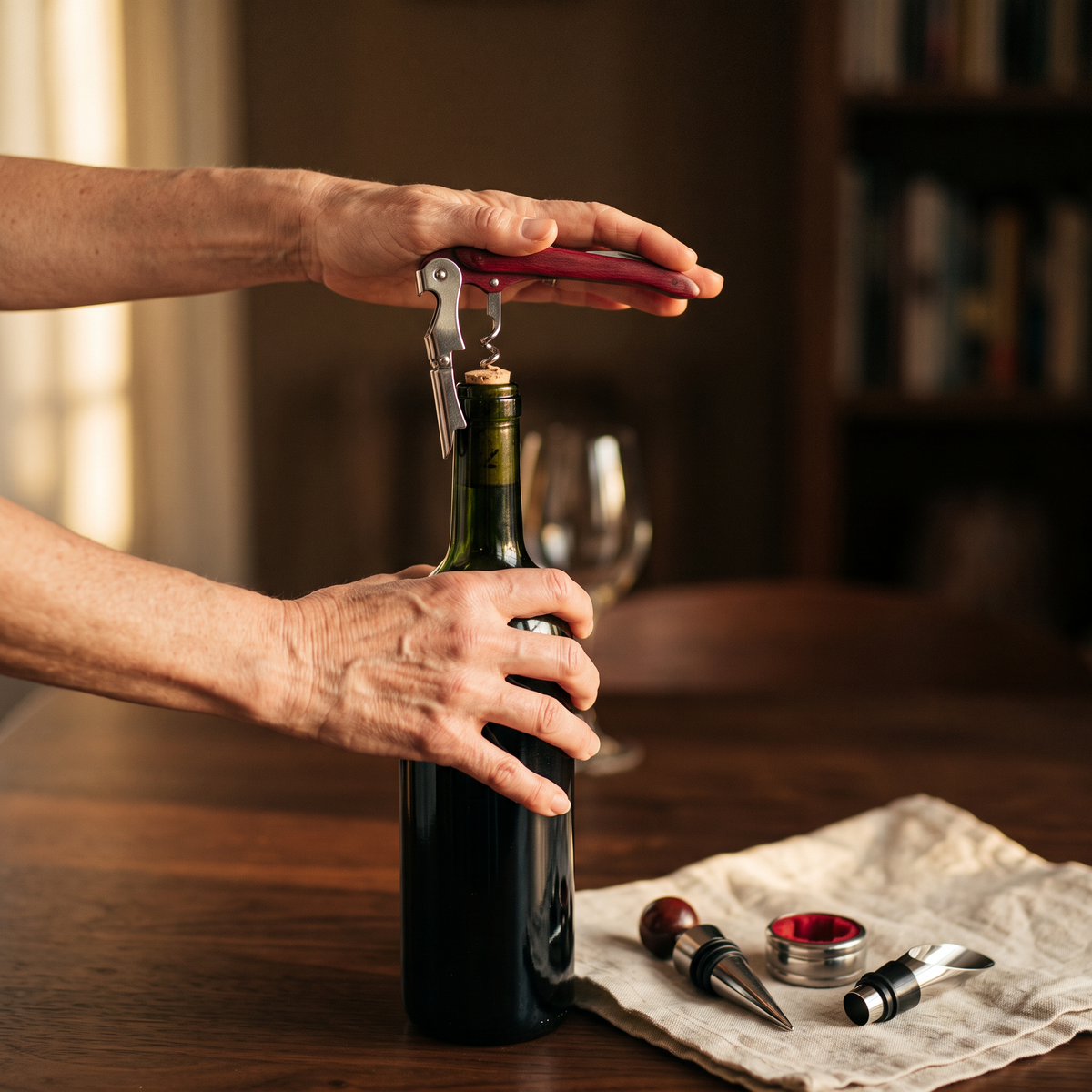 Ouverture d'une bouteille de vin avec le tire-bouchon sommelier rouge du coffret rond